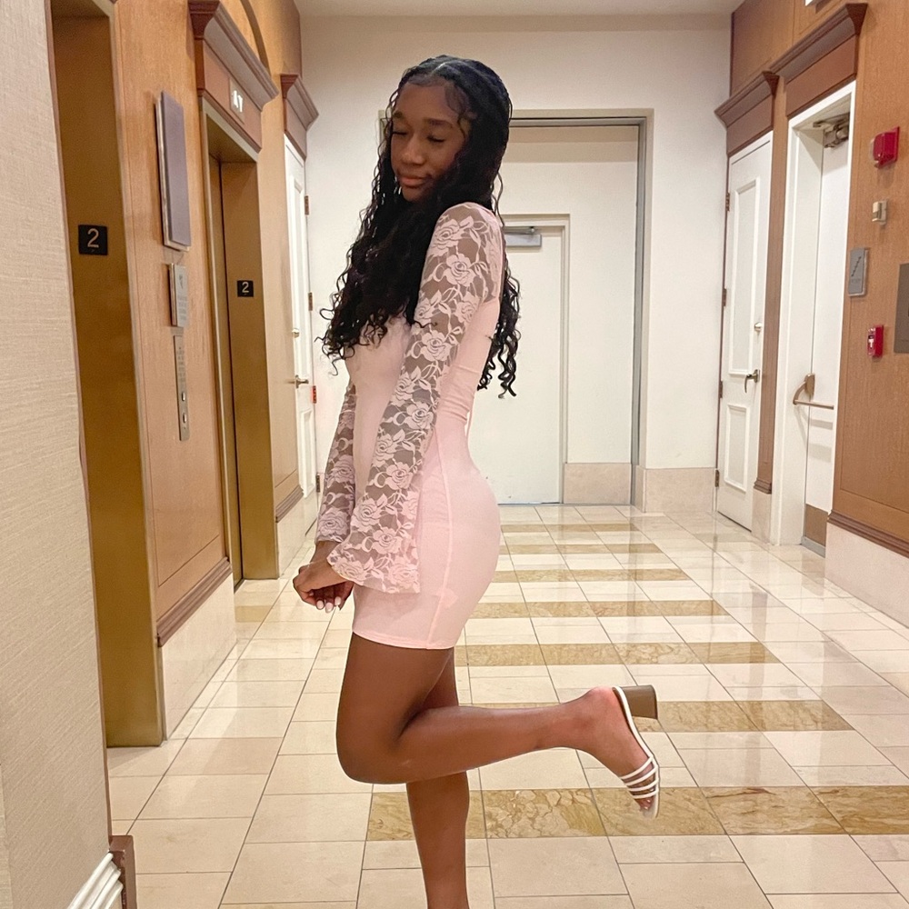 Lucy in the Sky Blush Lace Sleeve Dress